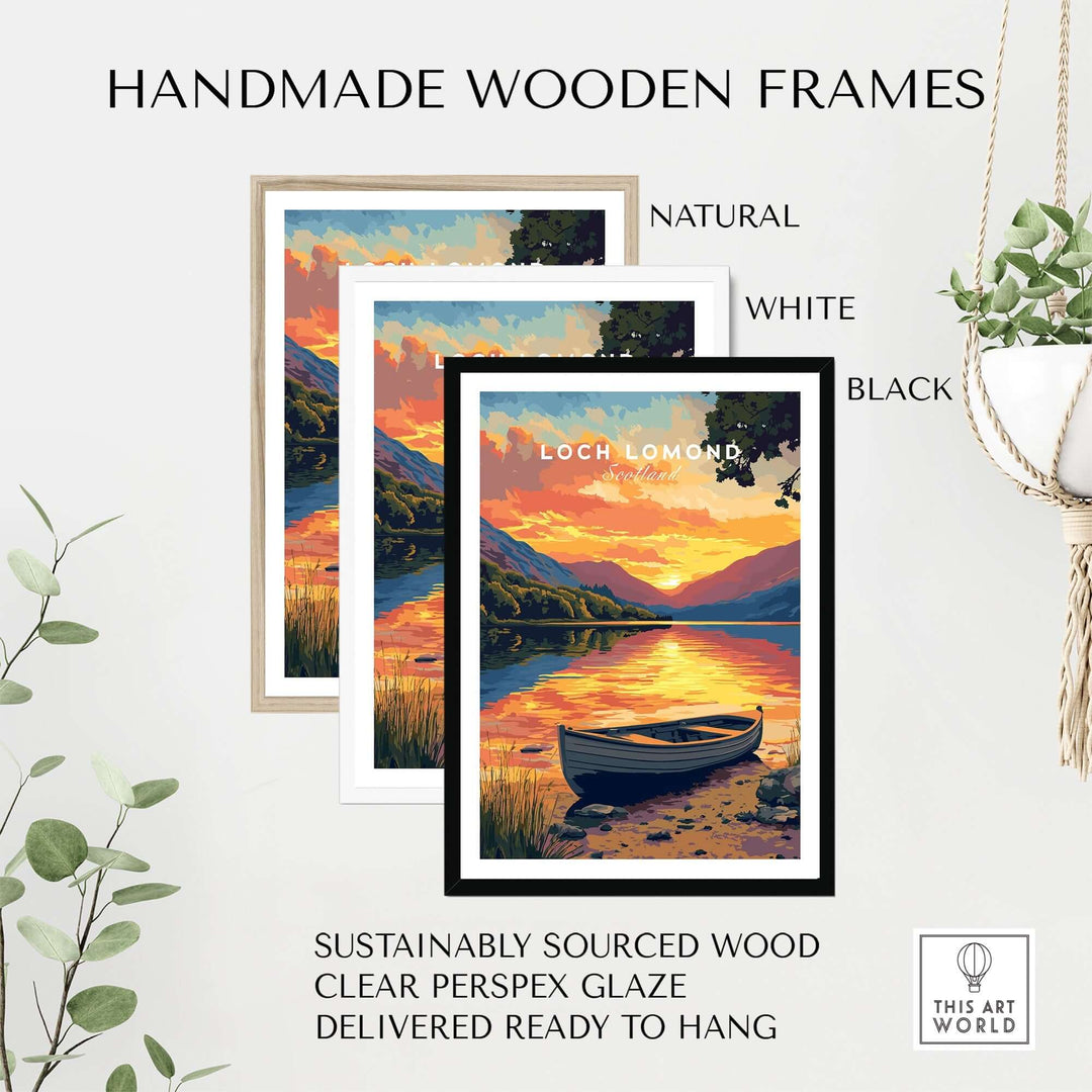 Handmade wooden frames in natural, white, and black showcasing Loch Lomond print with clear perspex glaze.