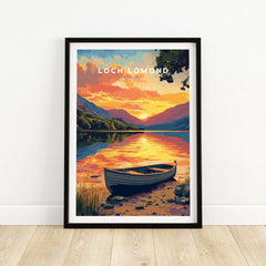 Loch Lomond Print Scotland featuring a vibrant sunset and tranquil waters in the Scottish Highlands.