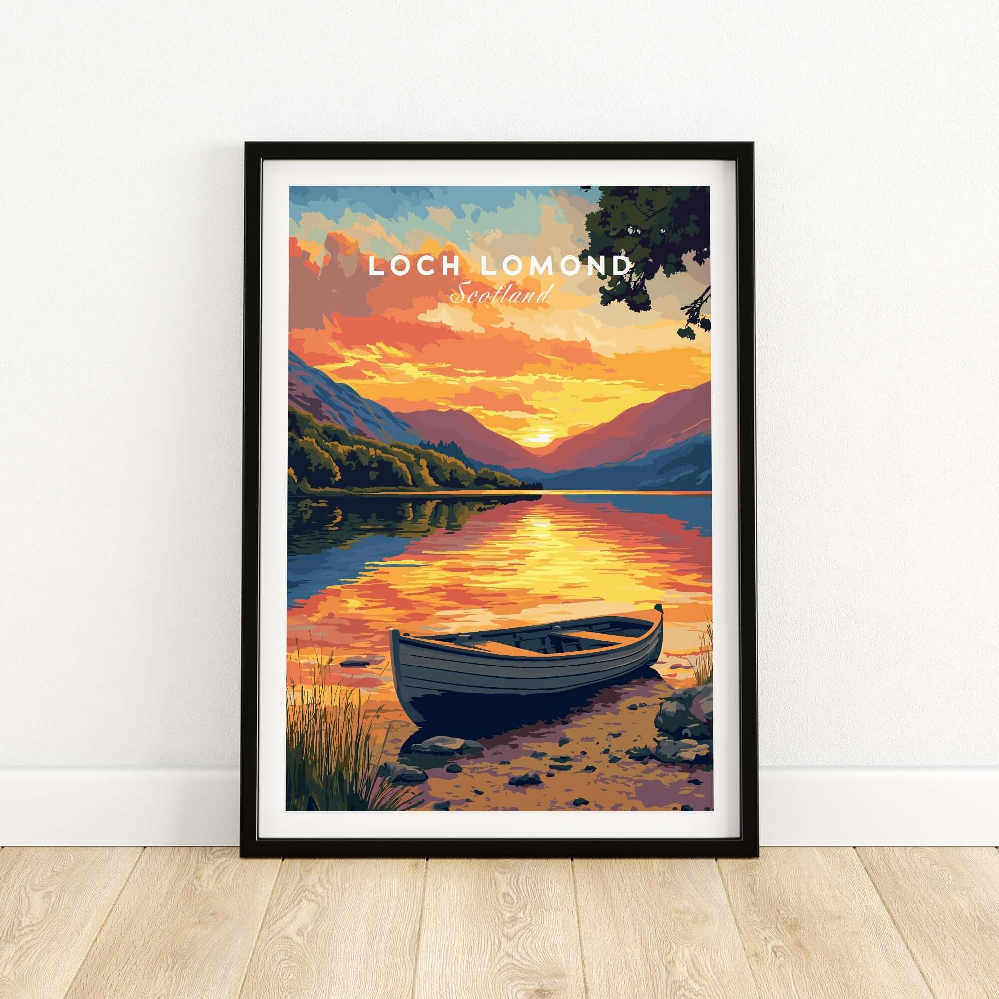 Loch Lomond Print Scotland featuring a vibrant sunset and tranquil waters in the Scottish Highlands.
