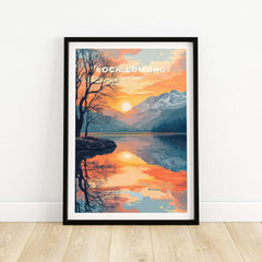 Loch Lomond Print showcasing scenic sunset over the lake and mountains, framed on a wall.