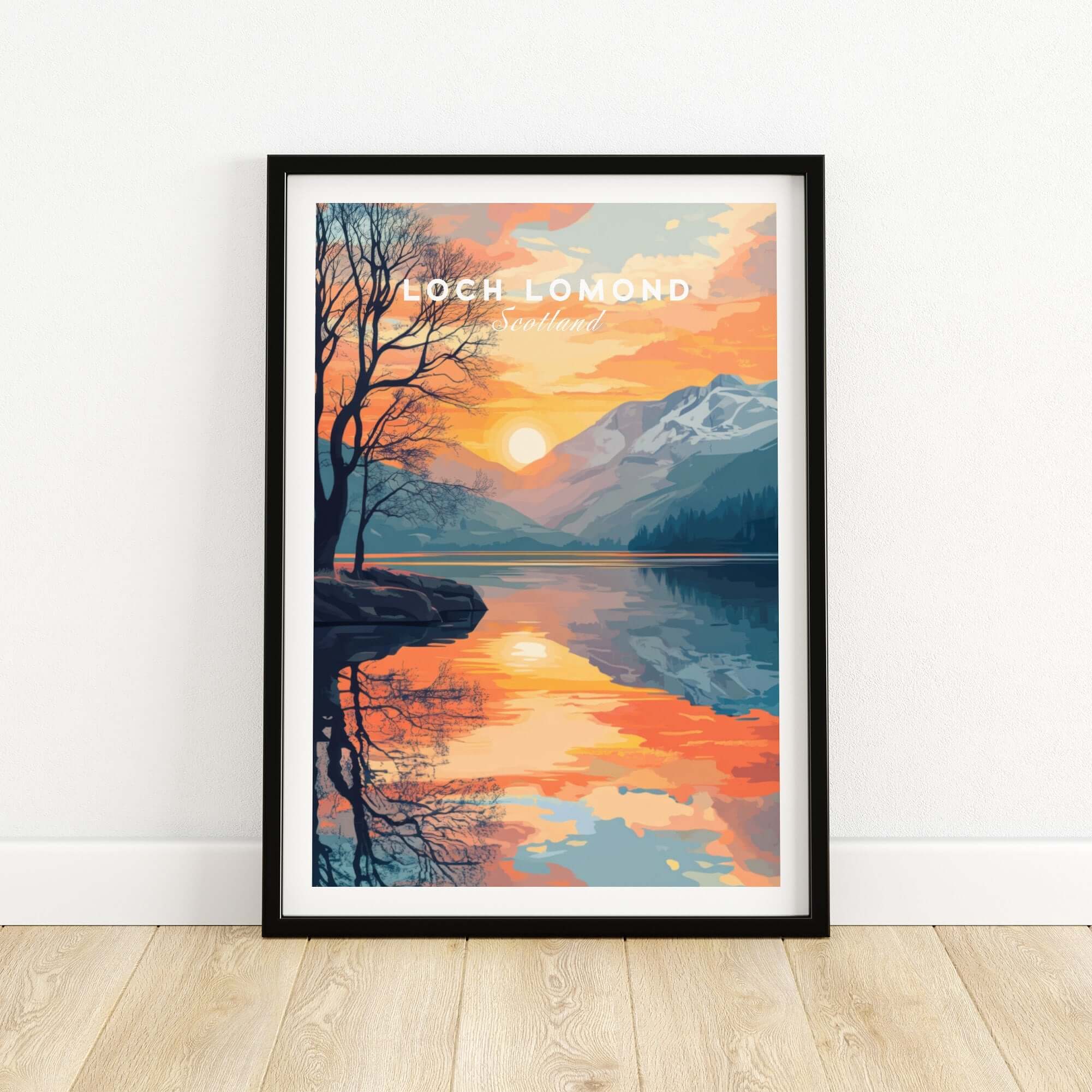 Loch Lomond Print showcasing scenic sunset over the lake and mountains, framed on a wall.