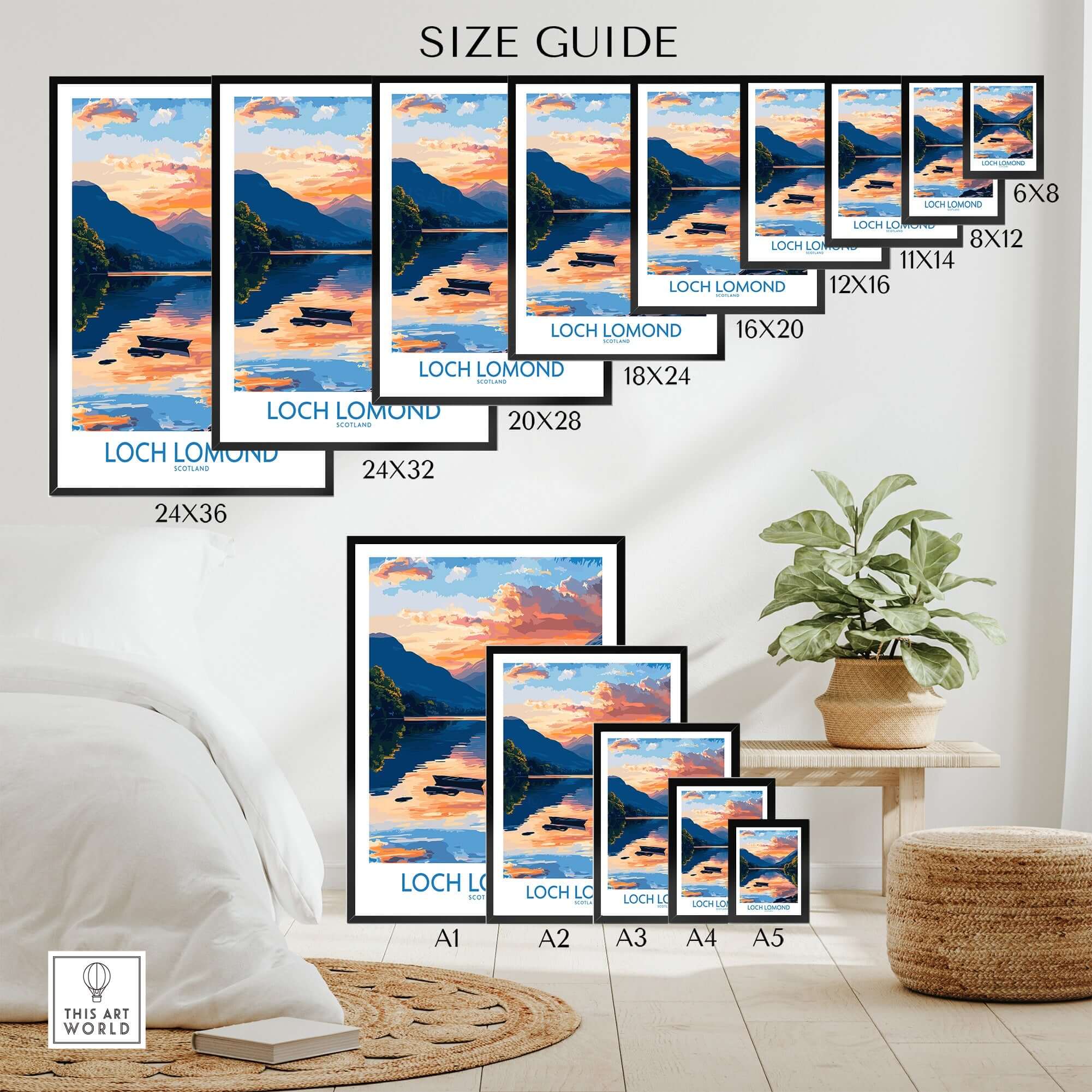 Loch Lomond Scotland Poster size guide showcasing various frame sizes for home decor inspiration.