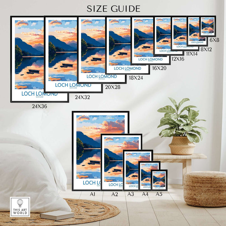 Loch Lomond Scotland poster size guide with various frame dimensions displayed in a cozy living room setting.