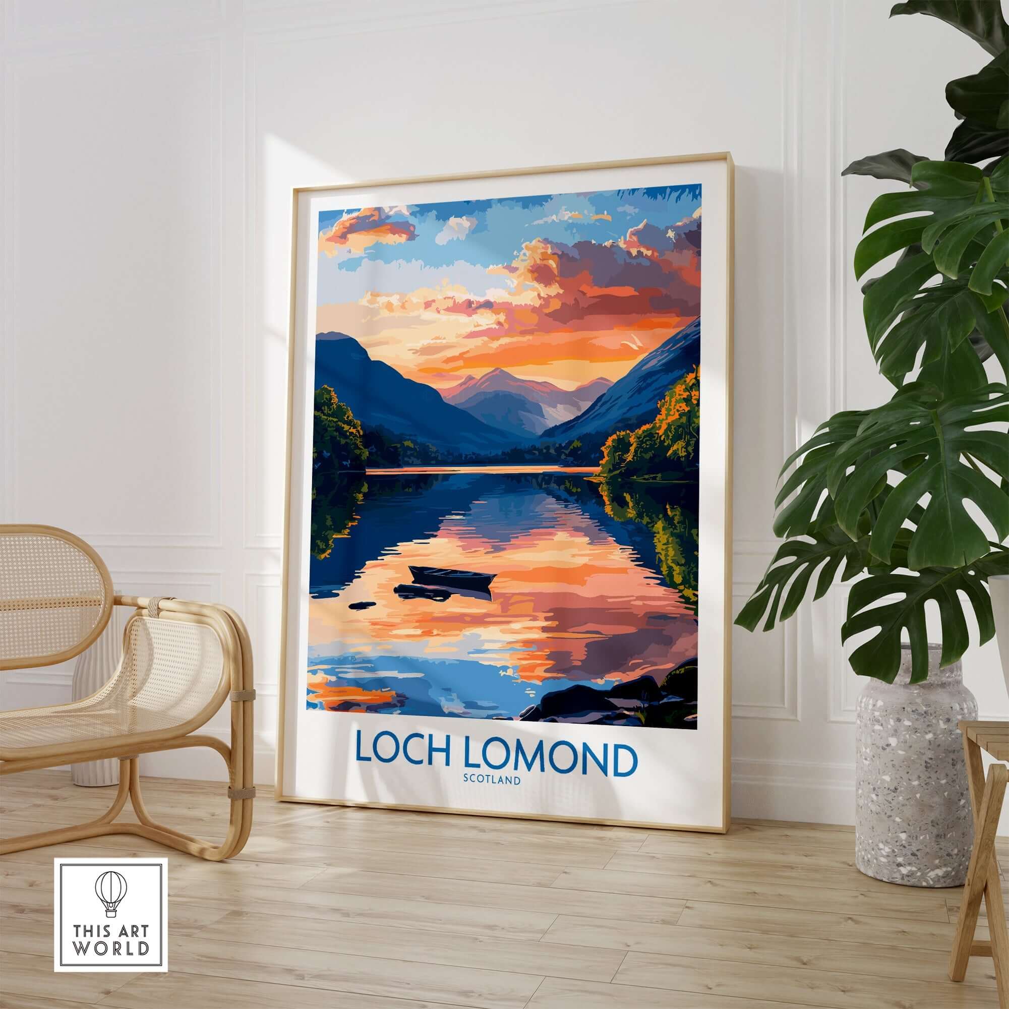 Loch Lomond Scotland Poster showcasing serene waters and landscapes in a beautiful indoor setting.