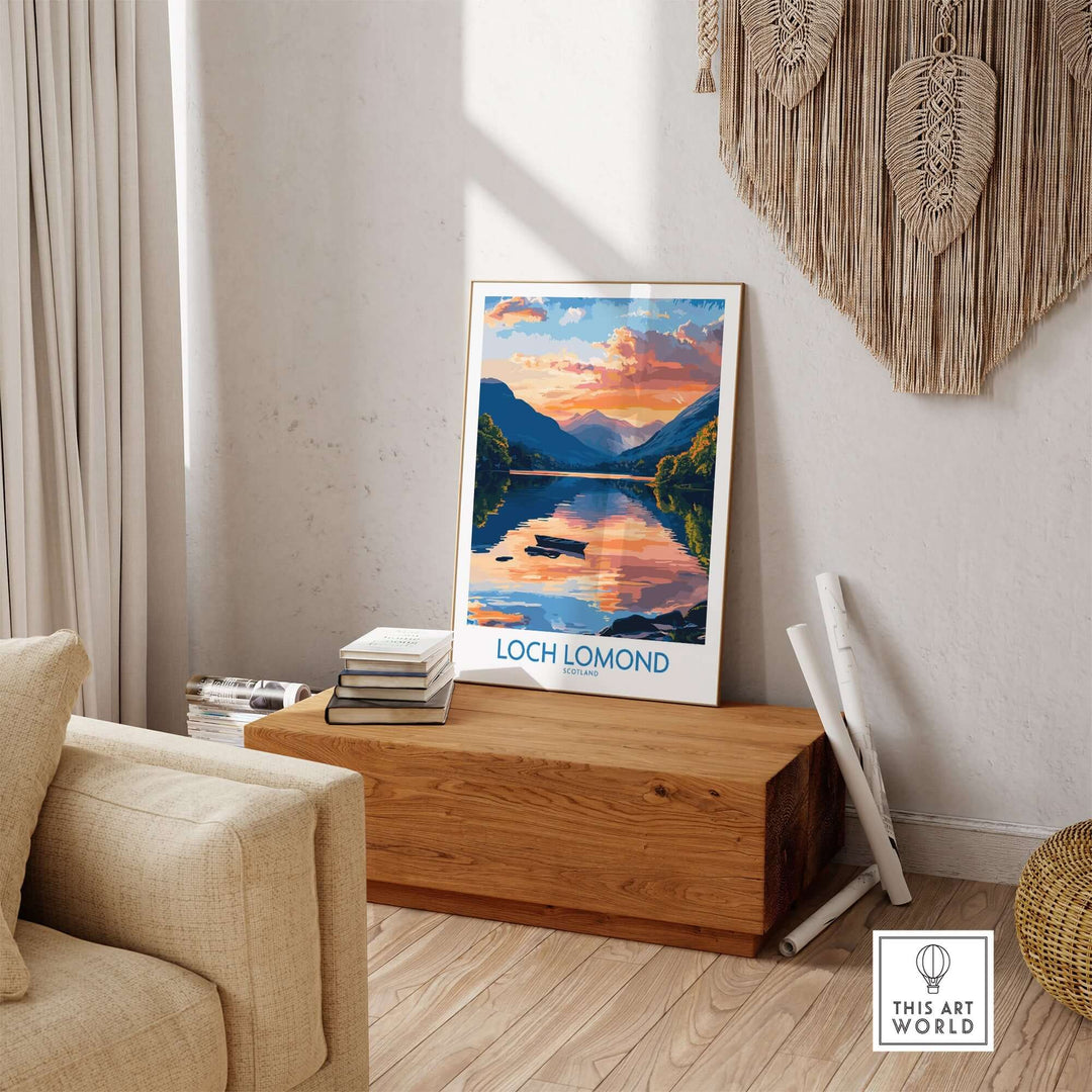 Loch Lomond Scotland poster displayed in a cozy living room setting with natural light and wooden decor.