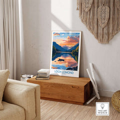 Loch Lomond Scotland Poster displayed in a cozy room, showcasing scenic landscapes and serene waters.