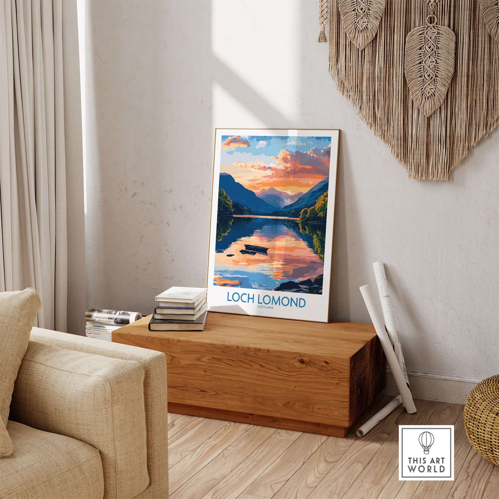 Loch Lomond Scotland Poster displayed in a cozy room, showcasing scenic landscapes and serene waters.