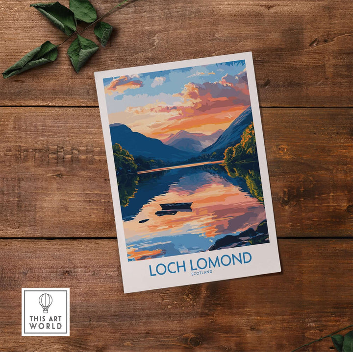 Loch Lomond Scotland poster featuring stunning landscapes and serene waters, perfect for home or office decor.