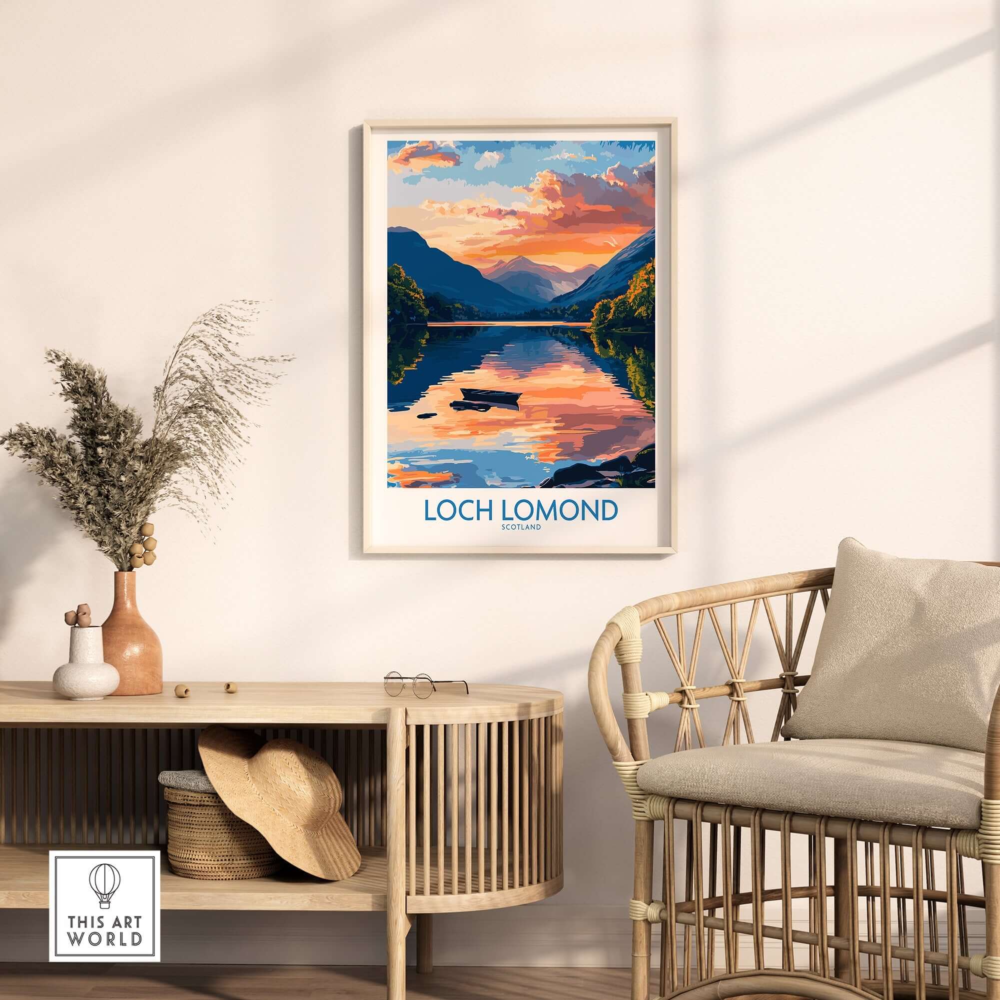 Loch Lomond Scotland Poster showcasing serene waters and stunning landscapes of Loch Lomond in a cozy interior setting.