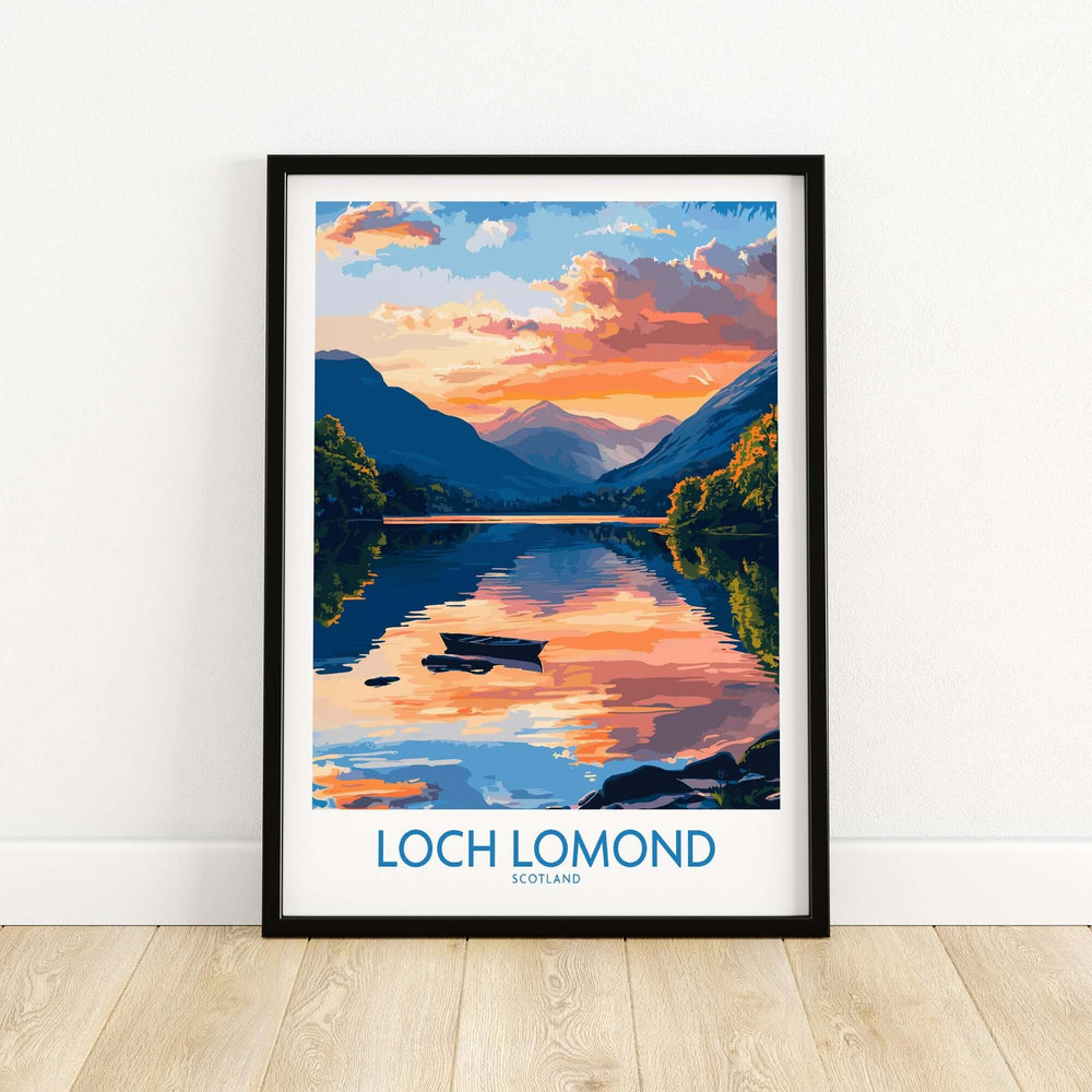 Loch Lomond Scotland poster featuring vibrant landscapes and serene waters, perfect for home decor.