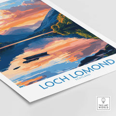 Loch Lomond Scotland Poster showcasing serene waters and colorful sunset reflections.