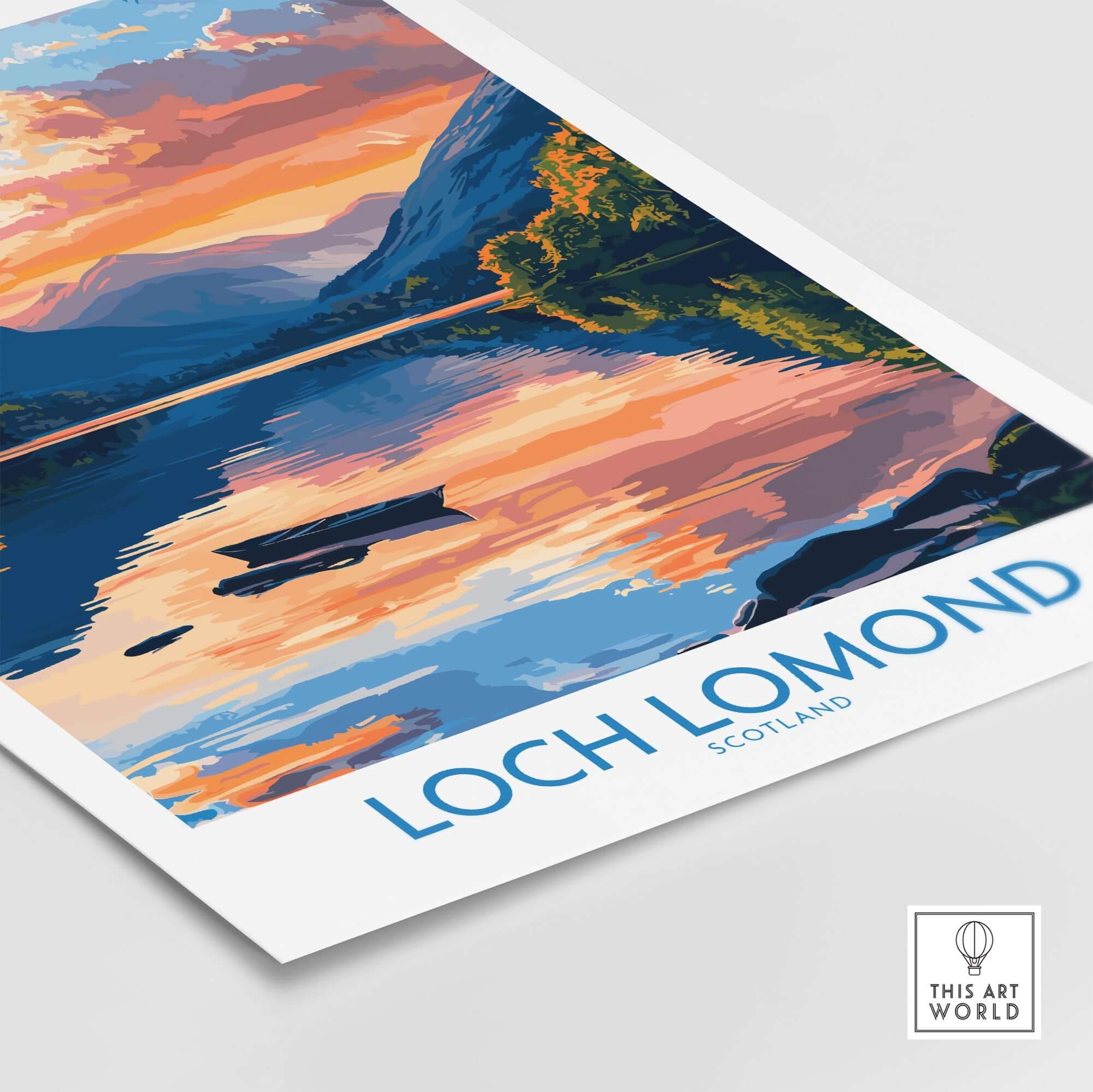 Loch Lomond Scotland Poster showcasing serene waters and colorful sunset reflections.