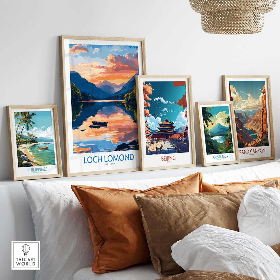 Collection of travel posters including Loch Lomond, showcasing stunning landscapes and serene waters in a stylish home setting.