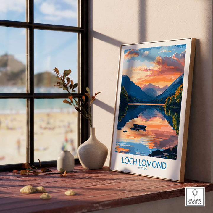 Loch Lomond Scotland poster showcasing serene waters and vibrant sunset, displayed on a windowsill with decorative elements.