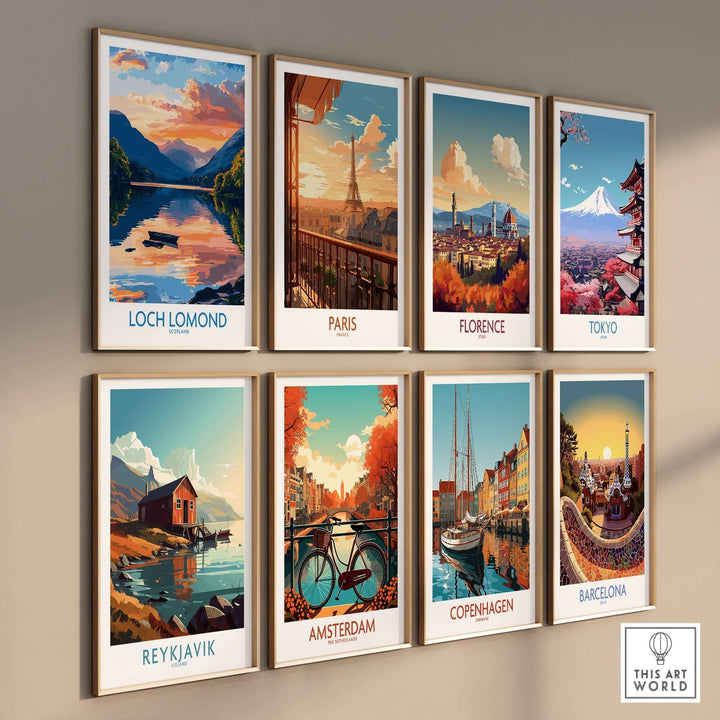 Collection of travel posters featuring Loch Lomond, Paris, Florence, Tokyo, Reykjavik, Amsterdam, Copenhagen, and Barcelona.