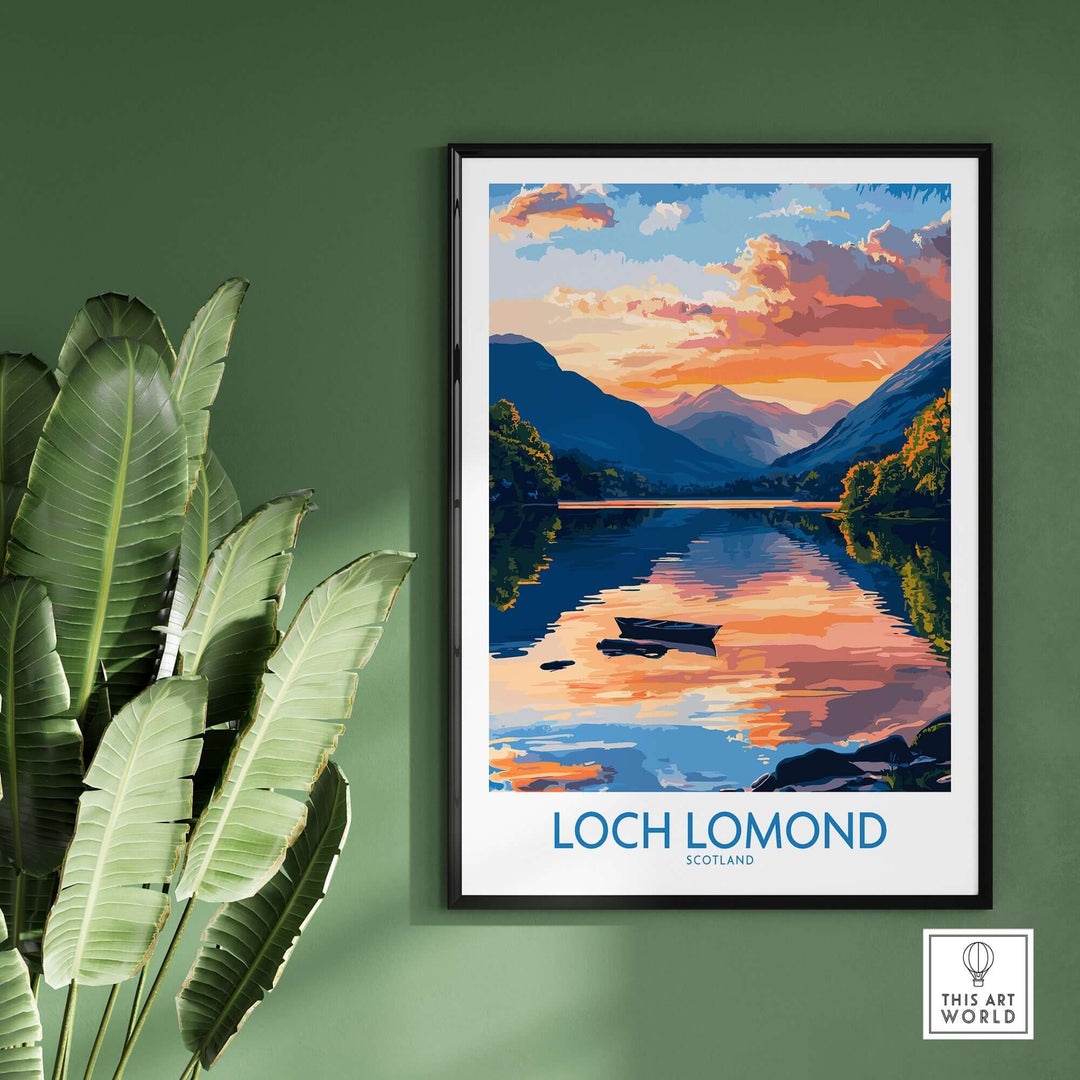 Loch Lomond Scotland poster featuring vibrant sunset reflections over serene waters, perfect decor for home or office.