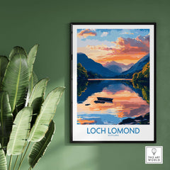 Loch Lomond Scotland Poster showcasing a vibrant landscape of Loch Lomond at sunset, perfect for home decor.