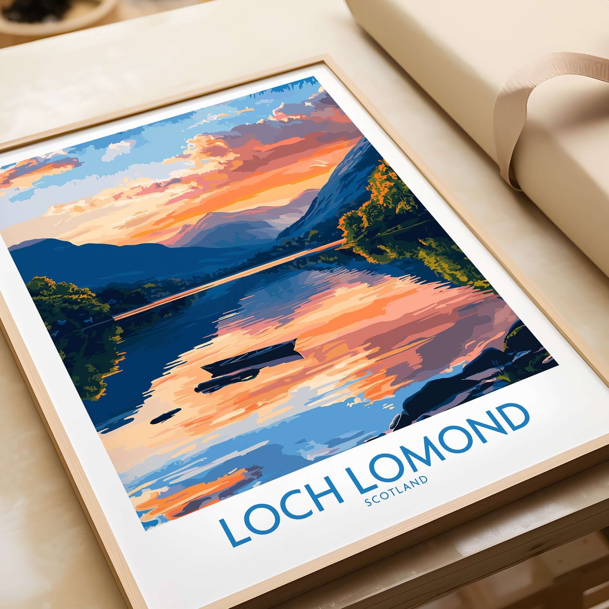 Loch Lomond Scotland Poster showcasing a vibrant sunset over the serene waters of Loch Lomond, perfect for home decor.