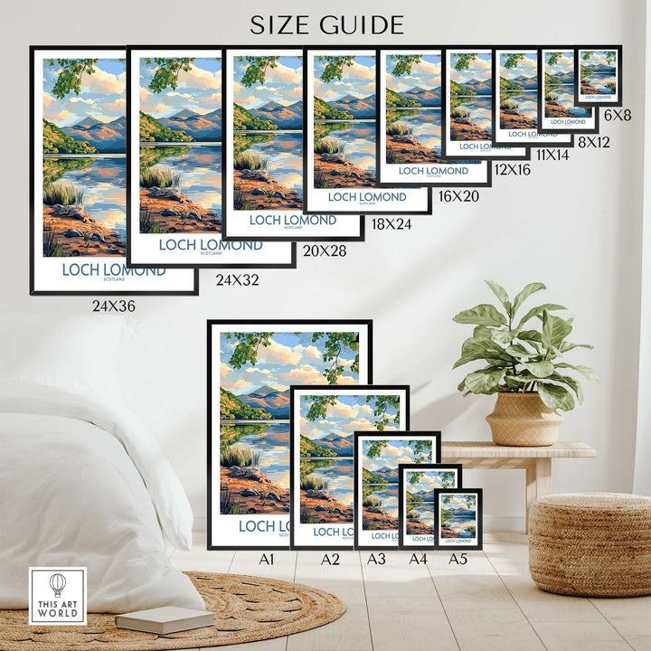 Loch Lomond travel poster size guide showcasing various frame sizes in a home setting with serene landscape art.