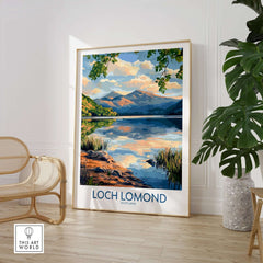 Loch Lomond Scotland Travel Poster showcasing tranquil waters and mountains, perfect for home or office decor.