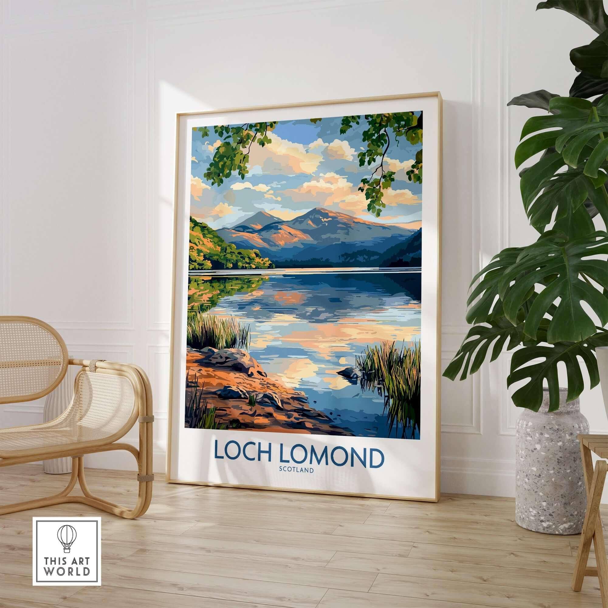 Loch Lomond Scotland Travel Poster showcasing tranquil waters and mountains, perfect for home or office decor.