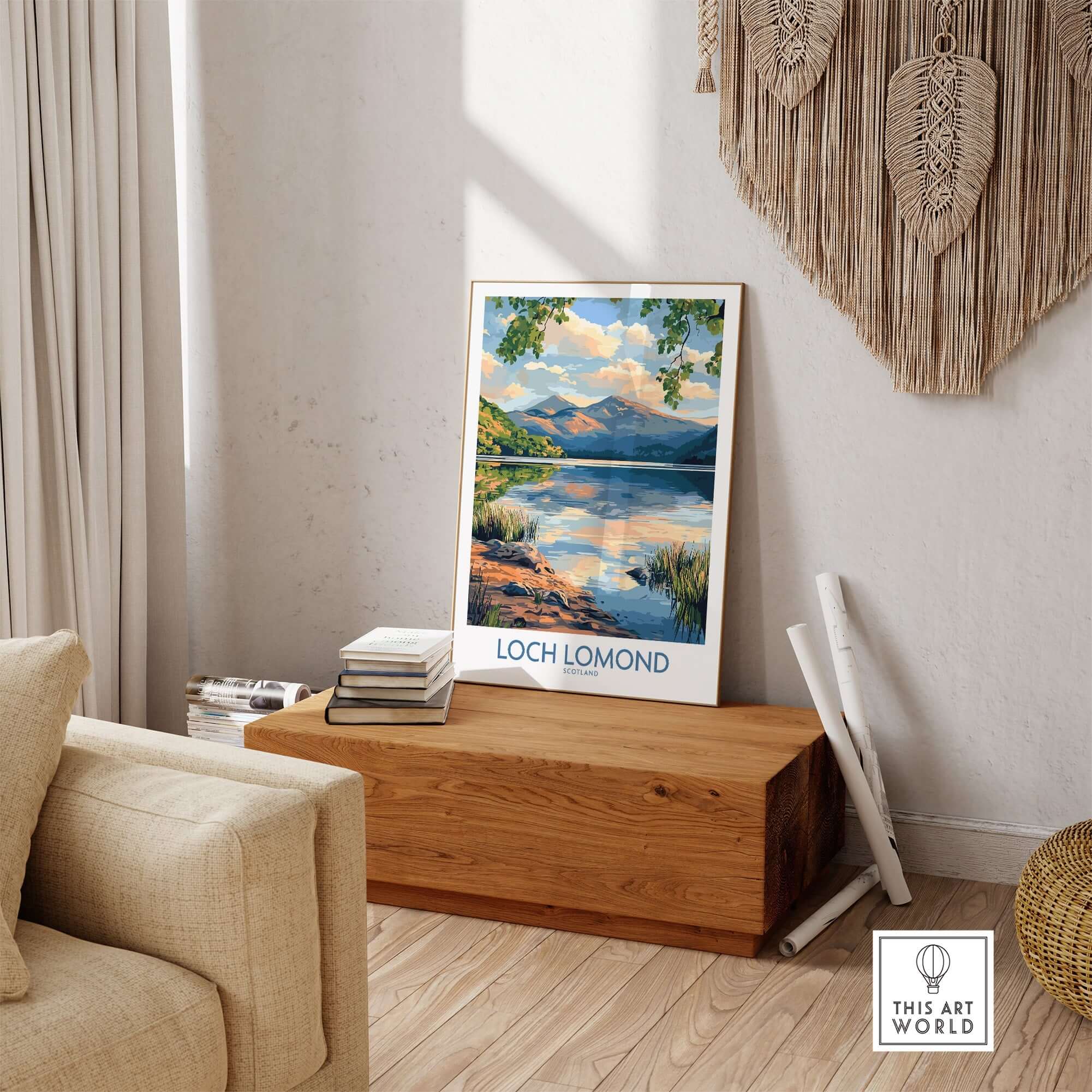 Loch Lomond Scotland Travel Poster displayed in a stylish living room setting with natural decor.