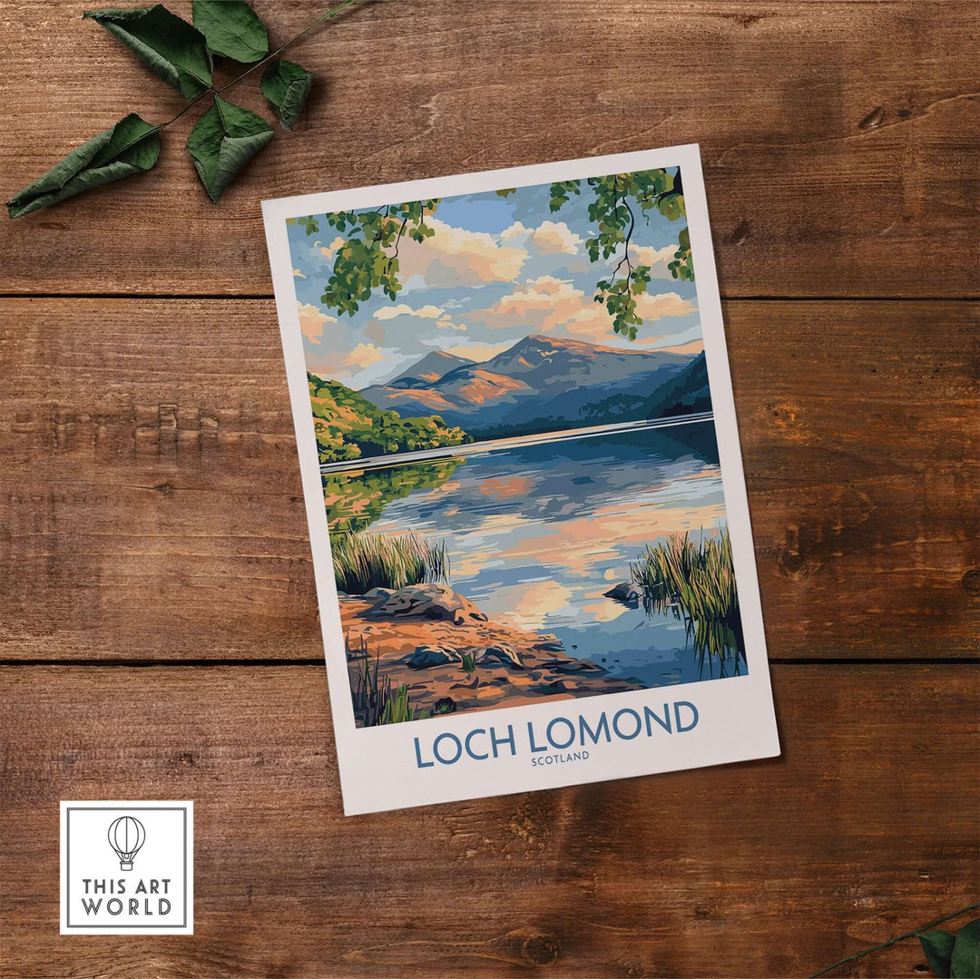 Loch Lomond travel poster showcasing Scotland's serene landscape with mountains and tranquil waters, perfect for decor.