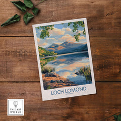Loch Lomond Scotland Travel Poster showcasing serene lake and mountain scenery with vibrant colors.