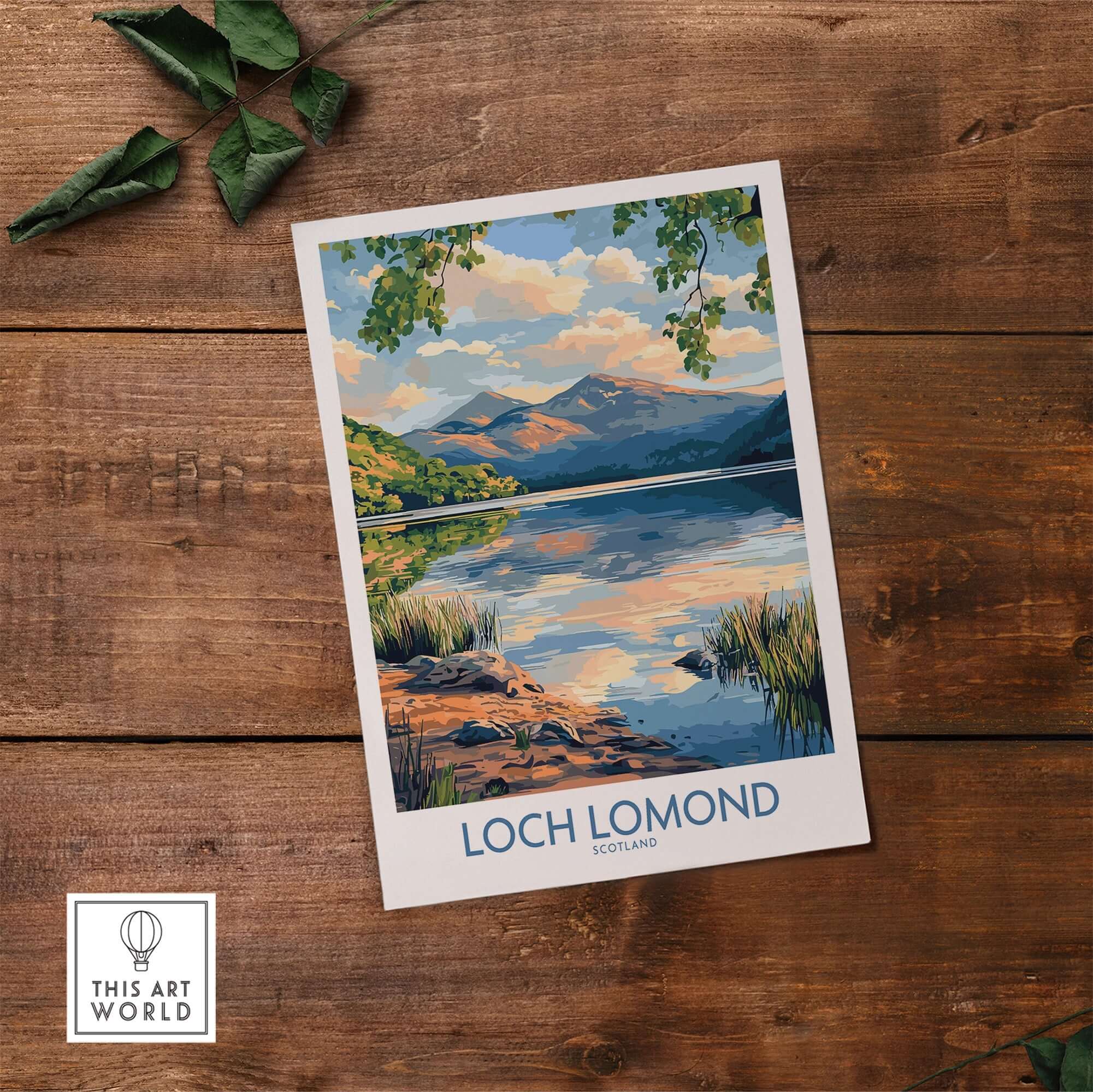 Loch Lomond Scotland Travel Poster showcasing serene lake and mountain scenery with vibrant colors.