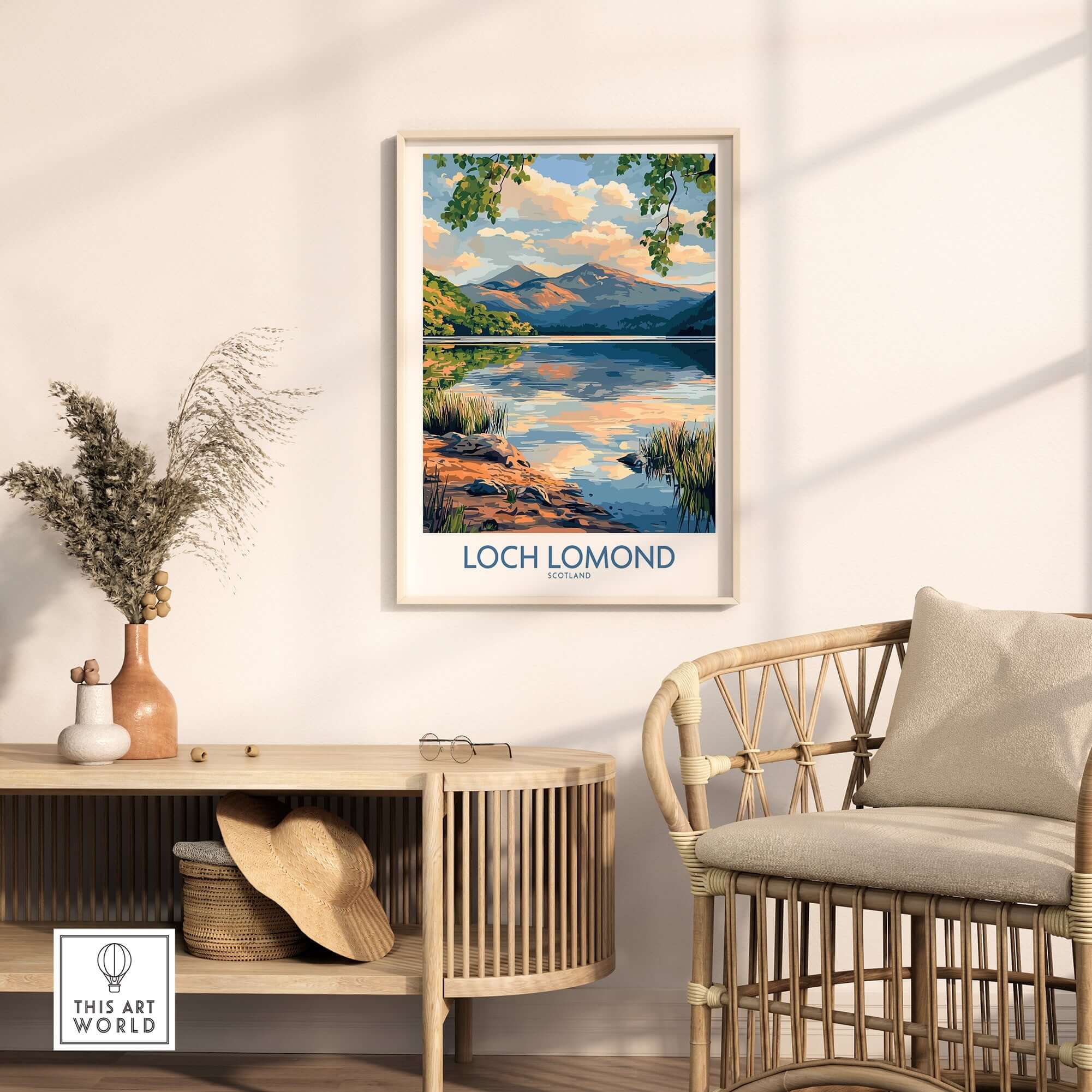 Loch Lomond Scotland Travel Poster displayed in a chic home setting with natural decor and soft lighting.