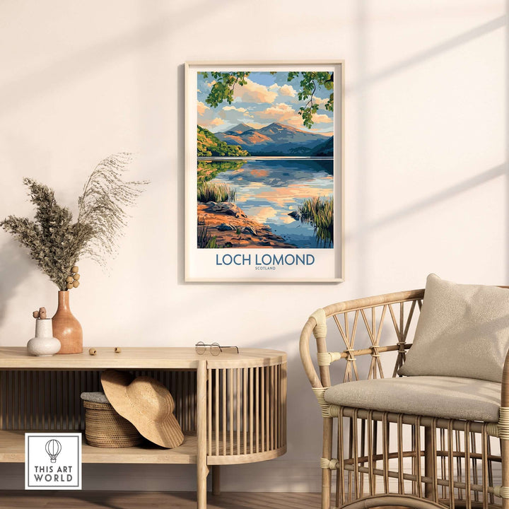 Loch Lomond Scotland travel poster displayed in a stylish home setting, showcasing serene lake and mountain scenery.