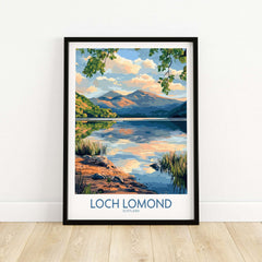 Loch Lomond Scotland Travel Poster showcasing serene lake and mountain views in vibrant colors.