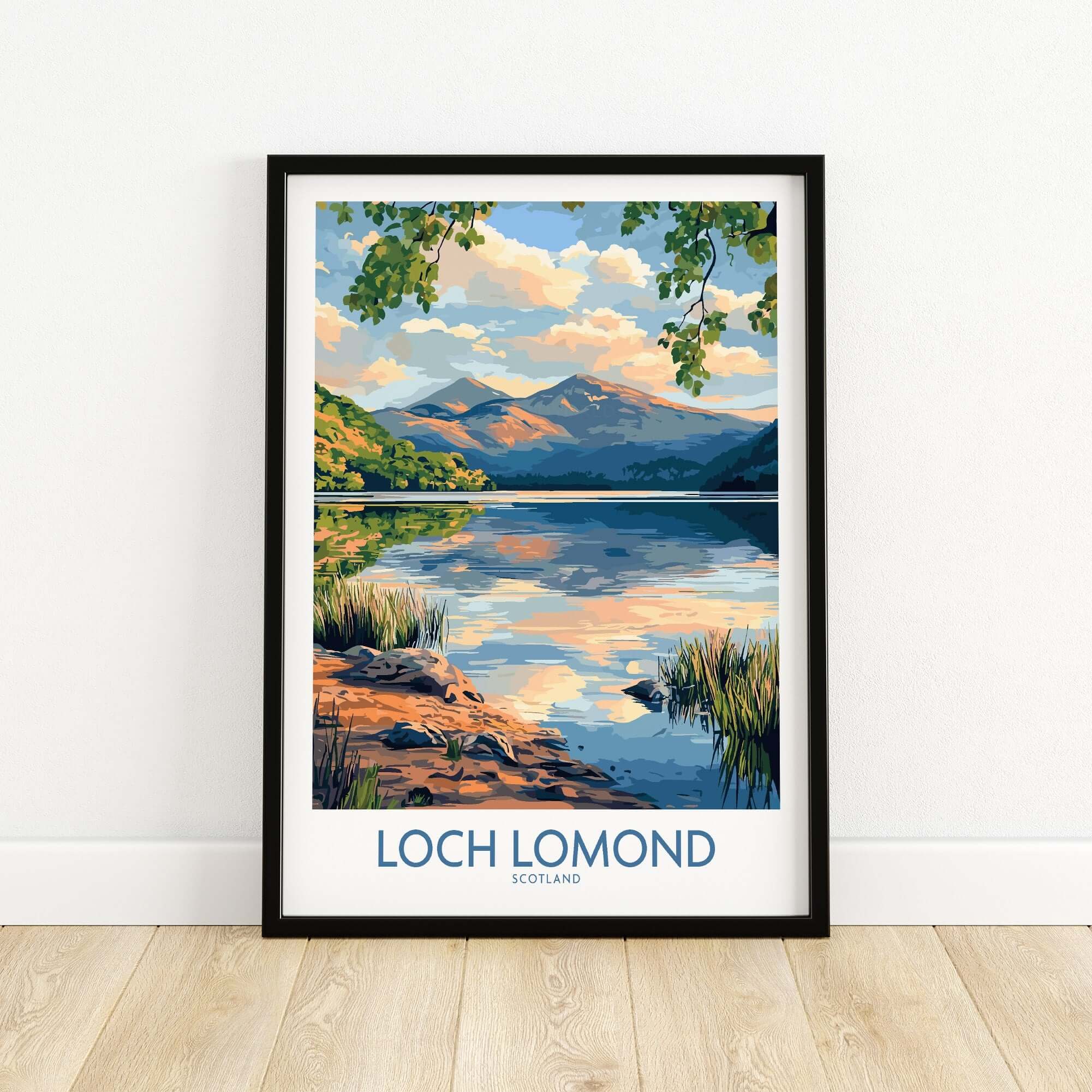 Loch Lomond Scotland Travel Poster showcasing serene lake and mountain views in vibrant colors.