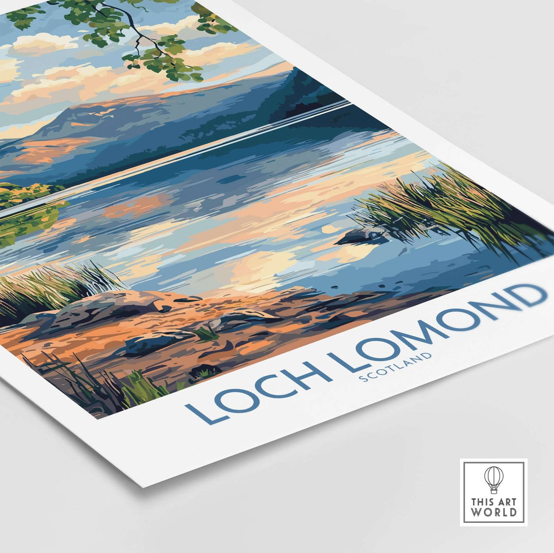 Loch Lomond Scotland travel poster showcasing serene landscapes and tranquil waters, perfect for home or office decor.