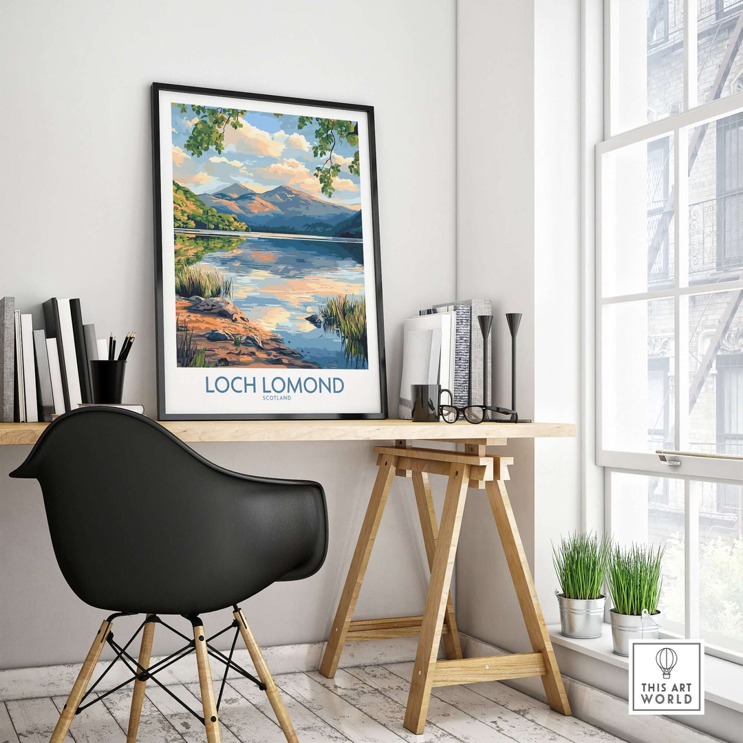 Loch Lomond travel poster displayed in a stylish home office setting, showcasing Scotland's serene landscape and beauty.