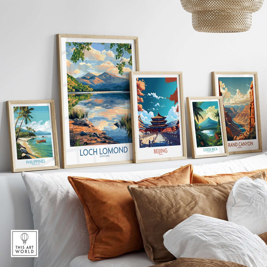 Display of travel posters including Loch Lomond, Beijing, Costa Rica, and the Grand Canyon in a stylish home setting.