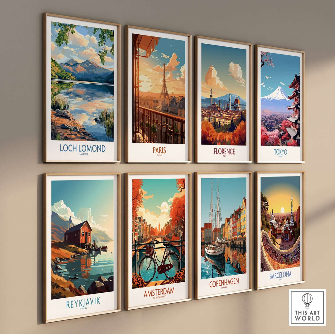 Collection of vibrant travel posters featuring Loch Lomond, Paris, Florence, Tokyo, Reykjavik, Amsterdam, Copenhagen, and Barcelona.