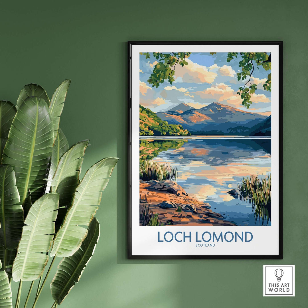 Loch Lomond Scotland travel poster featuring serene lake and mountains, perfect for home decor.