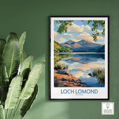Loch Lomond Scotland Travel Poster featuring serene landscape and tranquil waters.