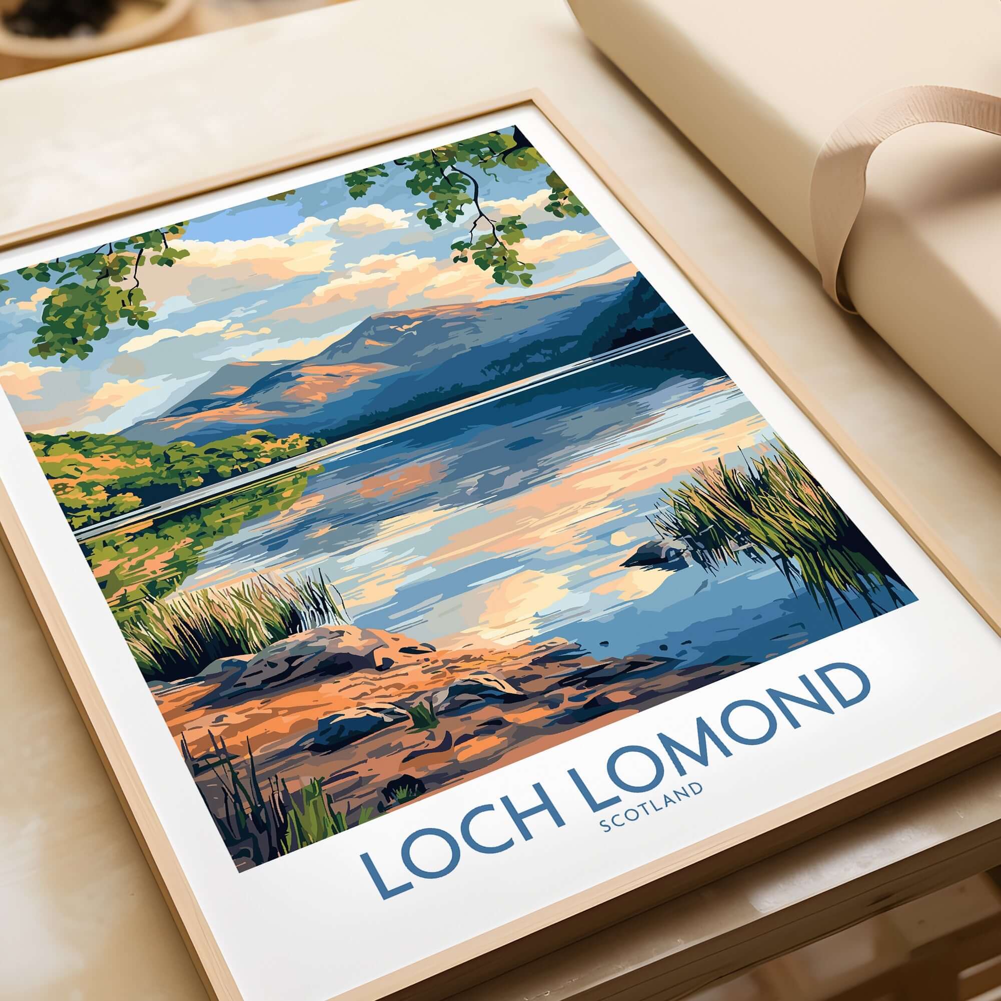 Loch Lomond Scotland Travel Poster showcasing serene landscape and vibrant colors.