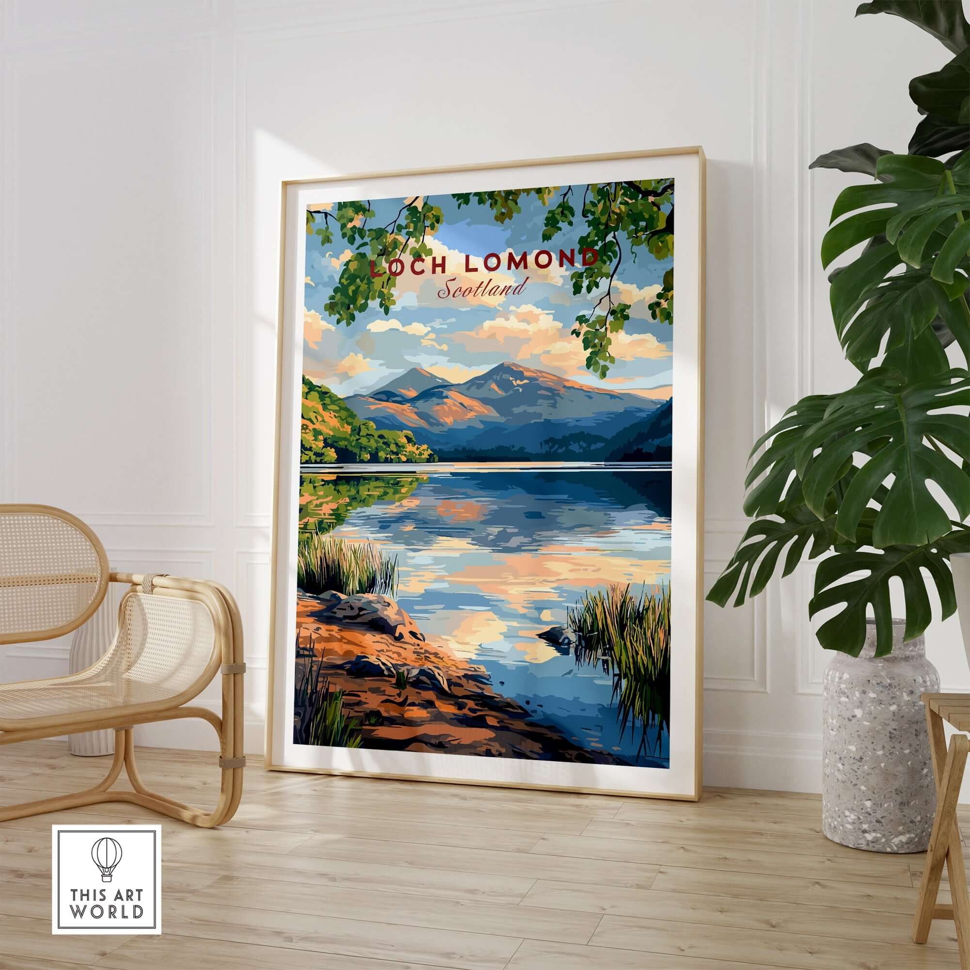 Loch Lomond Scotland Travel Print showcasing serene landscapes and scenic reflections in a stylish home setting.