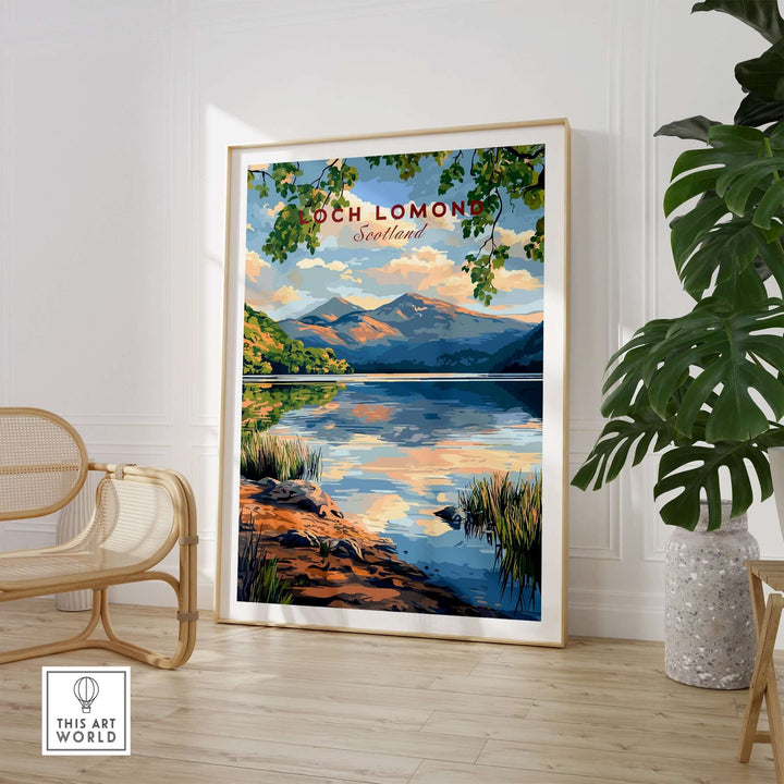 Loch Lomond Scotland travel print showcasing serene landscape and vibrant reflections in a stylish interior setting.