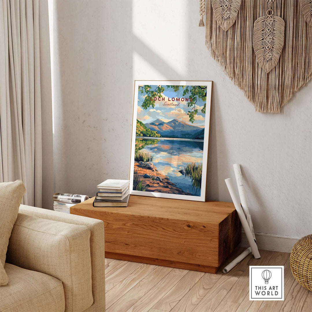 Loch Lomond Scotland travel print displayed in a cozy living room setting with natural decor.