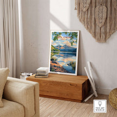 Loch Lomond Scotland Travel Print showcasing serene landscapes and stunning scenery in a cozy home setting.