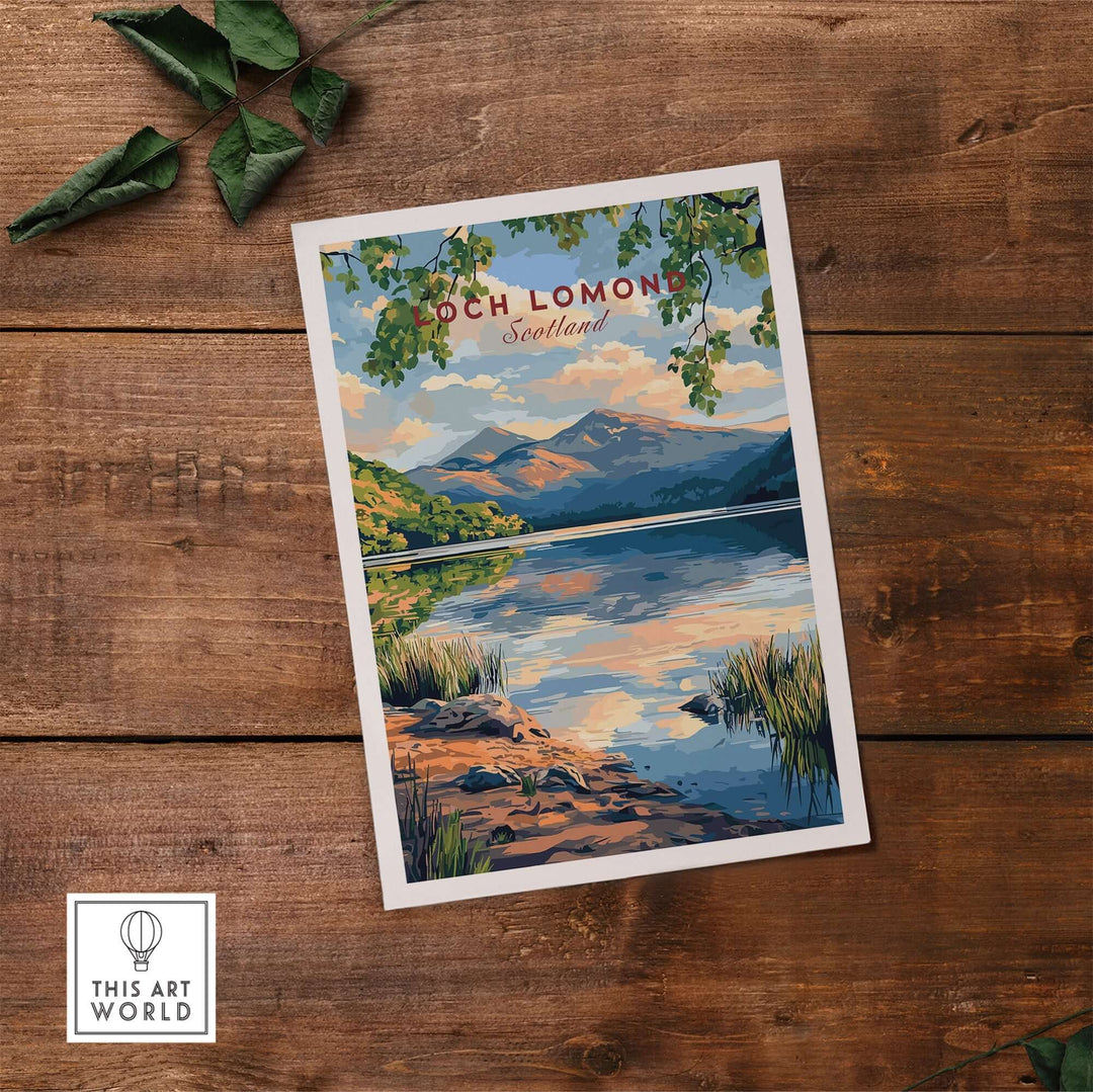 Loch Lomond Scotland travel print showcasing serene landscapes and vibrant colors on a wooden background.