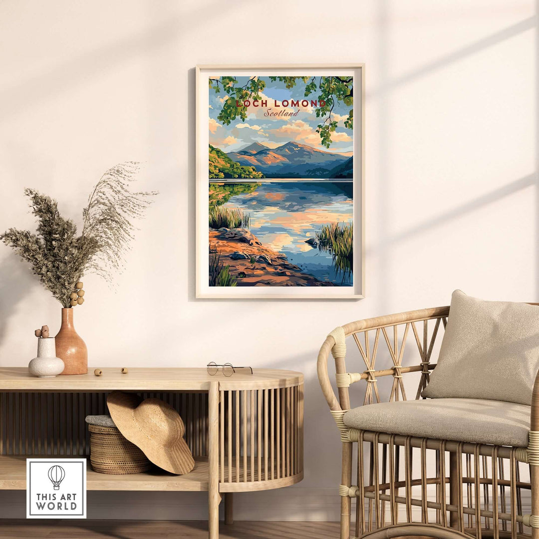 Loch Lomond Scotland Travel Print displayed in a stylish home setting, showcasing serene mountain and lake scenery.