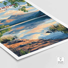 Loch Lomond Scotland Travel Print showcasing the serene landscapes and stunning scenery of Loch Lomond, Scotland.