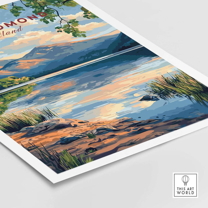 Loch Lomond Scotland travel print featuring serene landscapes and vibrant colors of the lake and surrounding nature.