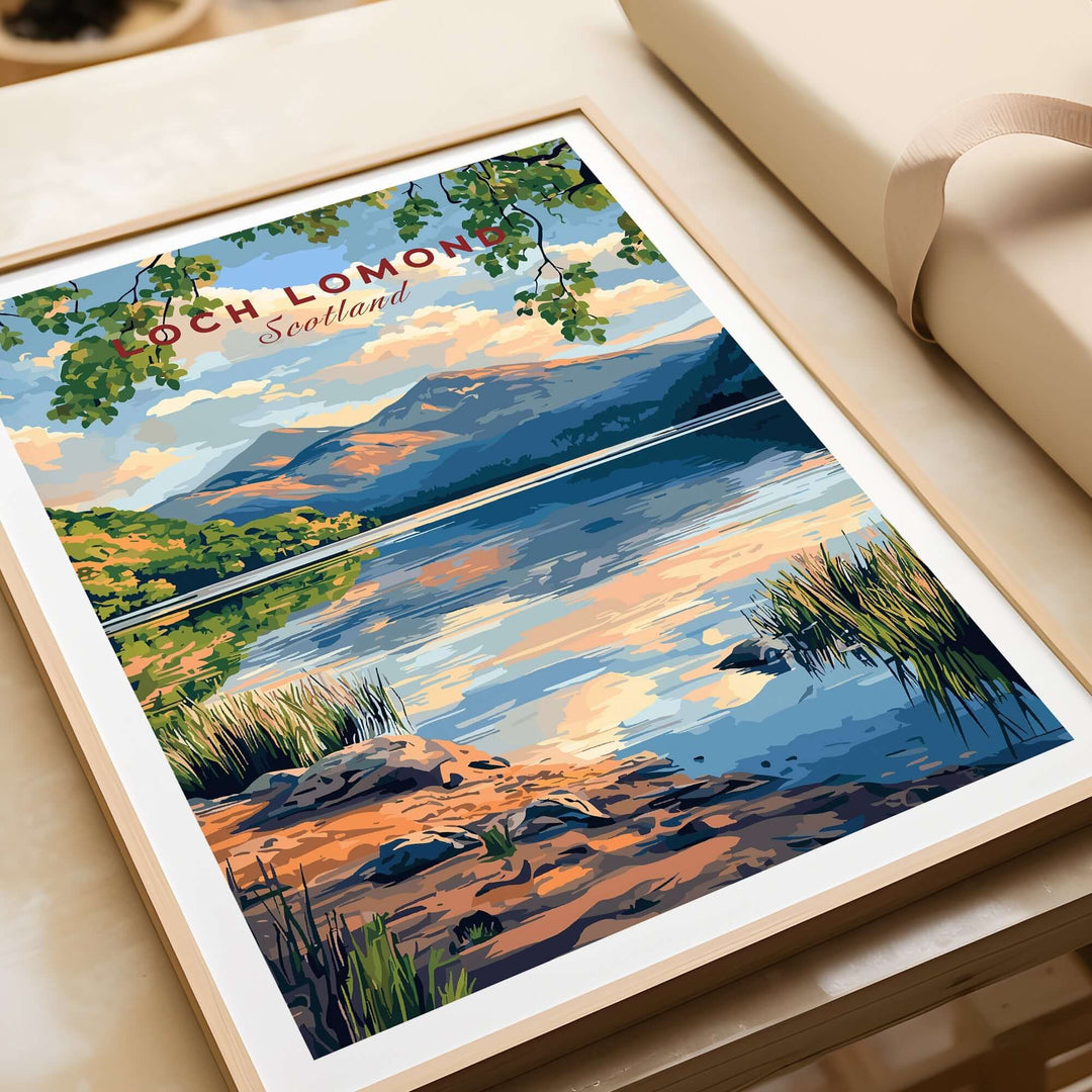 Loch Lomond Scotland travel print showcasing serene landscapes and vibrant scenery in a stylish frame.