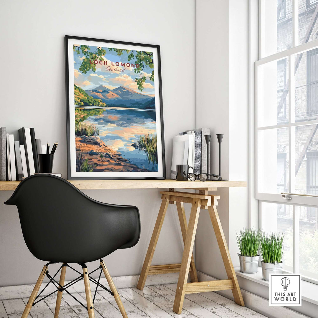 Loch Lomond Scotland Travel Print displayed in a modern home office, showcasing serene landscapes and vibrant colors.